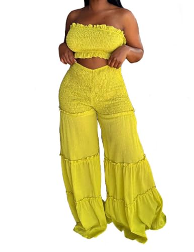 Yuopeid Women's Sexy 2 Piece Outfits Sleeveless Tube Crop Tops and Loose Wide Leg Pant Set