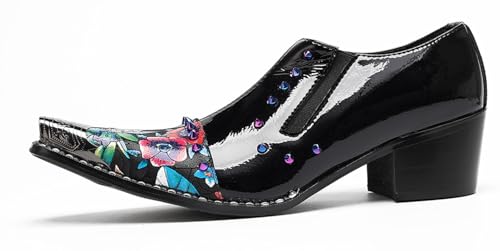 Santimon Men’s Patent Leather Floral‐Studded Dress Loafers – Pointed Toe Slip-On Cuban Heel Shoes for Wedding, Prom, Party, Stage & Gothic Punk Style2