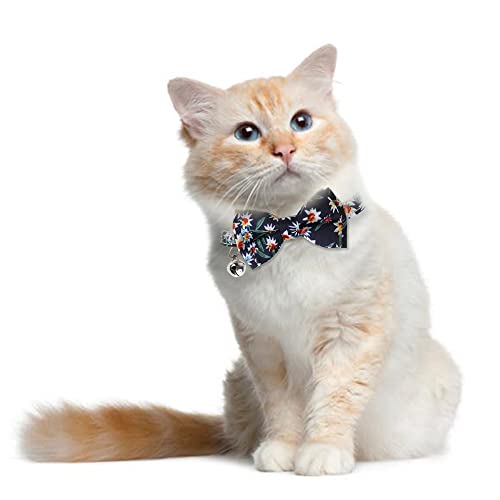 Image of Cat Collar Breakaway with Bells,Cute Cat Bow Tie,1 Pack Safety Kitten Plaid & Flower Collar for Girl Boy Male Cats(Dark Blue /Flower)