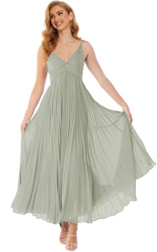 Spaghetti Straps Bridesmaid Dresses for Women Chiffon Ruched Formal Dress V Neck Evening Party Gown3