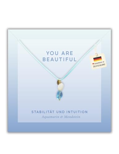 happymaker – Collier avec Pierre de lune et Aigue-marine, pierres naturelles, cordon bleu clair avec perles dorées 18 k, réglable, fait main en Allemagne, bijou artisanal