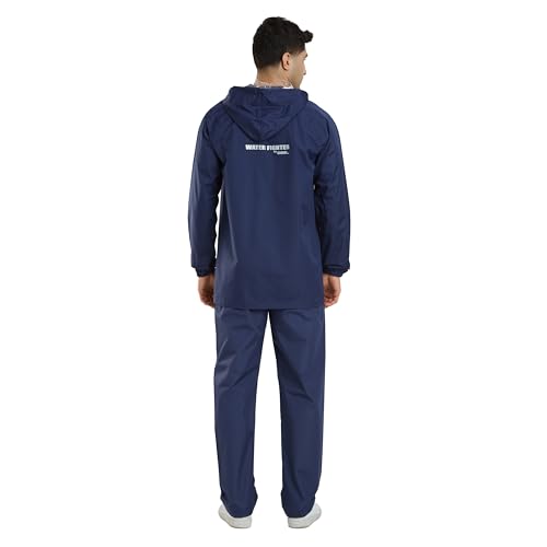 Image of Water Fighter by ZEEL Rain Coat for Men with Adjustable Hood, Polyester Waterproof Full Sleeves, Top and Bottom Set Rainwear, Front Zip with Snap Button Flap (EWF1020, Navy, XXL)