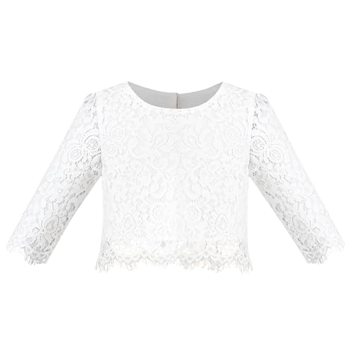 Image of Sunny Fashion Girls Dress 2PC Set White Floral Lace Glitter Tulle Skirt 3 /4 Sleeve