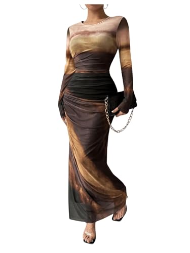Image of Womens Long Sleeve Maxi Dress Mesh Bodycon Spring Fall Formal Wedding Guest | Tie Dye Ruched Night Out Cocktail Party Long Dresses