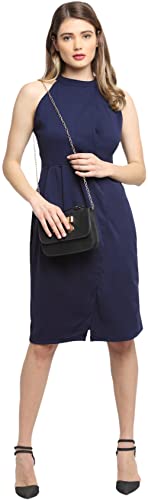 Image of Shasmi Women's Comfortable Red Halter Neck Sleeveless Solid Midi Bodycon Casual Western Stylish Dress