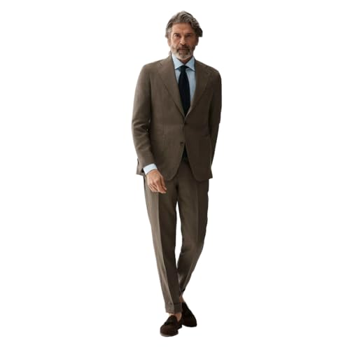 Men 2 Pieces Drak Brown Linen Business Leisure Tuxedos Prom Beach Casual Suits Blazer Pants