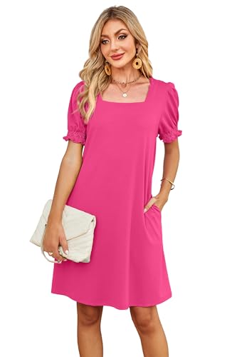 Image of RUMIA Summer Dresses for Women 2025 Casual Cute Square Neck Puff Short Sleeve Dress with Pockets