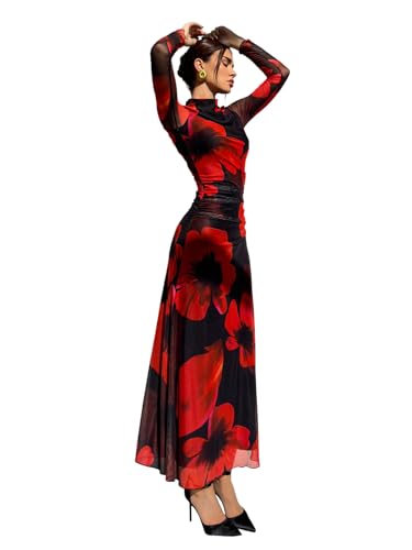 Image of Verdusa Women's Floral Wedding Guest Dress Long Sleeve Mesh Slimming Cocktail Vacation Maxi Dresses