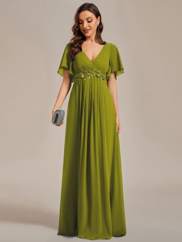Image of Ever-Pretty Womens V Neck Applique Mother of the Bride Dresses Formal Dress | Chiffon, Short Sleeves, Ruched, A-Line, Bridesmaid Dresses, Formal Gown, Black Tie Dress