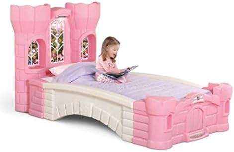 Step2 Princess Palace Twin Bed for Girls - Kids Durable Plastic Platform Bed with Headboard, Mattress Support Board and Built-in Light, Pink/White