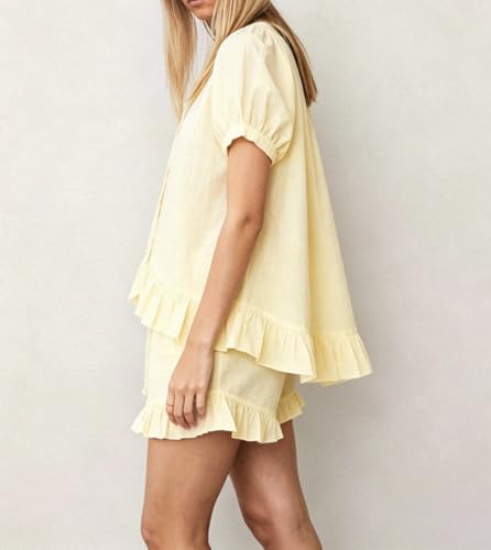 Image of Womens Fashion Summer Short Sets Short Sleeve Button Down Ruffle Trim Top and Shorts Cotton Pajama Sets