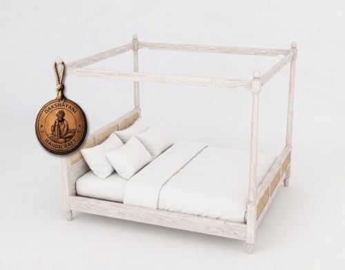 Image of Sheesham Solid Wood Allure Poster Bed for Bedroom | Handmade Wooden Cot | Elegant Four Poster King Size Bed Frame (Rustic White, Queen, Allure (Cane 1))