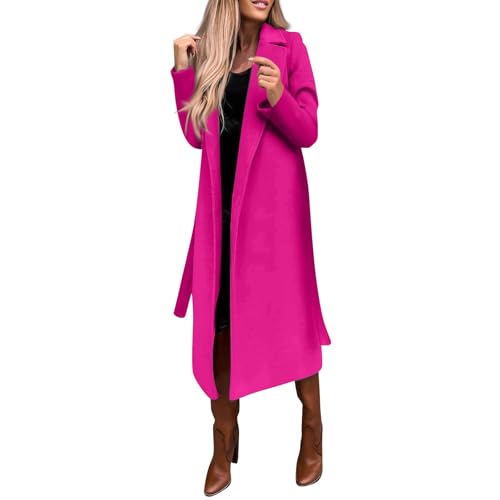Long Trench Coats For Women Fashion Faux Wool Coat Blouse Thin Solid Jacket Ladies Notch Lapel Overcoat With Belt