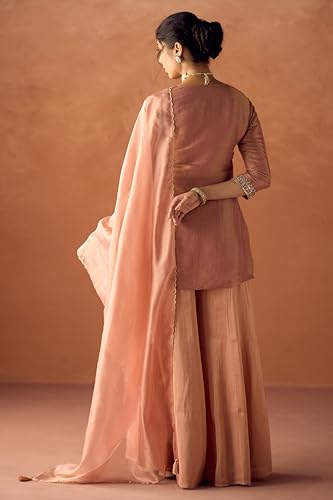 Image of FIORRA Women Peach Tissue Blend Hand Embroidered Kurta Set with Dupatta