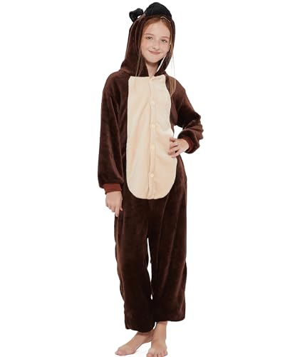 ANBOTA Kids Dog Onesie Fleece Animal Halloween Cosplay Puppy Costume Christmas Easter Bulldog One Piece Pajamas, Brown 140