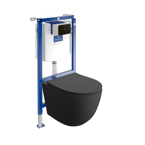 Lavita ViConnect H112 Vorwandelement Unterputz WC mit Bedienplatte + Wand Hänge Tiefspül WC Sinto Schwarz Spülrandlos + WC Sitz Komplettset Unterputz Spülkasten Toilette Komplett Sett WC