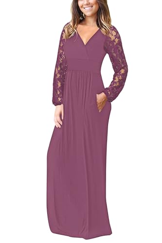 Image of AUSELILY Womens Lace Long Sleeve Maxi Dress V Neck Wrap Waist with Pockets | Lace sleeves, cross-wrap neck flatters, hidden pockets, floor-length maxi for year-round