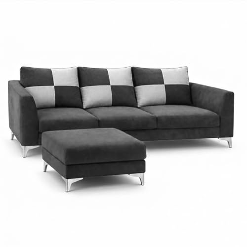 Image of Romeo Rich 4 Seater L Shape Sofa Set with Movable Ottomans | Flexible Layout | Velvet Suede Fabric | Golden Aesthetic Legs | Modern Sofa for Living Room (Dark Grey)