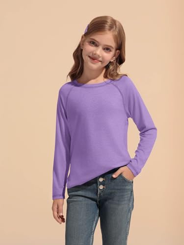 Haloumoning Girls Raglan Long Sleeve Shirts Kids Curve Hem Crewneck Tunic Tops Fashion T-Shirts 5-14Y3