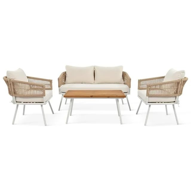 Image of 4 Seater Outdoor Rope Sofa Set | Modern Patio Furniture with All-Weather Woven Rope | Stylish & Comfortable Garden Lounge Seating (Beige)