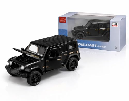Image of 1:36 Scale Rubicon Car Model - Die-Cast Metal Pull Back SUV with Openable Doors, Lights & Music - Alloy Off-Road Toy Vehicle for Kids, Boys & Collectors (Black)
