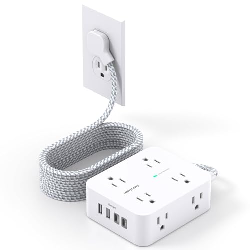 10Ft Extension Cord with Multiple Outlets, Surge Protector Power Strip 10 Ft Cord, 8 Outlets 4 USB Ports(2 USB C), Flat Outlet Extender, Desk Charging Station for Home Office College Dorm Essentials