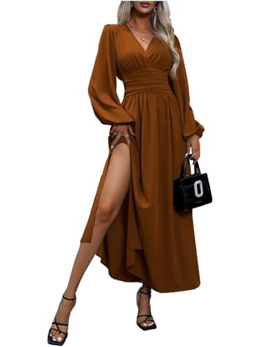 LUVCES Kleid Damen Elegant V Ausschnitt Plissiert Hohe Taille Langes Wickelkleid Laternenärmel Seitenschlitz Maxikleid für Damen Karamell M
