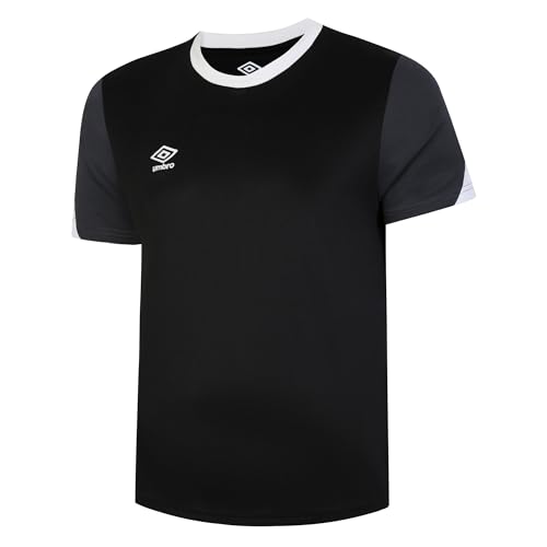Image of Umbro Men's Total Training Jersey, Breathable, Lightweight, Moisture Wicking, Micro Eyelet, Crew Neck, Raglan Sleeve, Dropped Hem, Black/White/Carbon, S