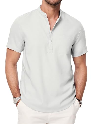 Meilicloth Herren Henley Hemd Kurzarm Sommerhemd Hawaii Hemd Männer Regular Fit Freizeithemd Casual mit Taschen Weiß L
