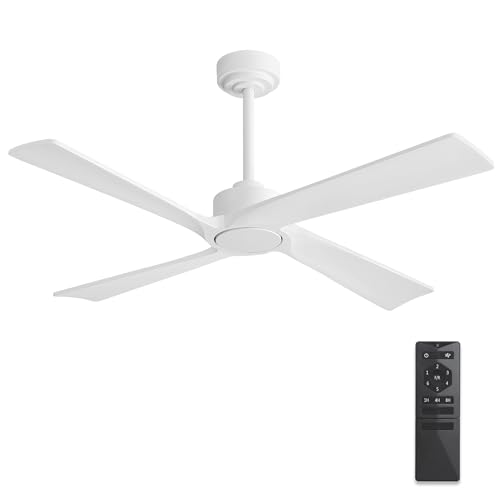 WINGBO 48 Inch DC Ceiling Fan Without Lights, 4 Carved Solid Wood Blades, 6-Speed Reversible DC Motor, Modern Ceiling Fan No Light for Indoor and Outdoor, Gloss White, ETL Listed