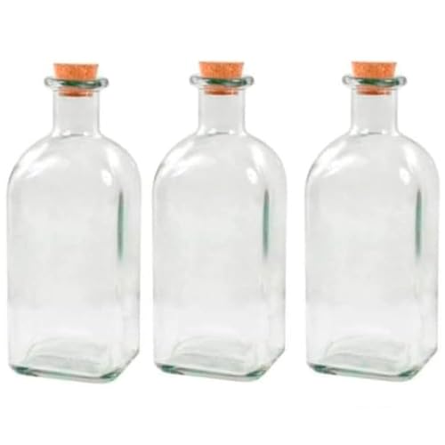 Acan Tradineur - Pack de 3 Botellas de Cristal, frascas con tapón de Corcho, Recargable, con diseño Tradicional, Capacidad 1 litro, licores, Vino, Aguardiente