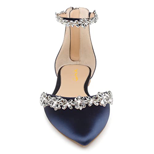 Image of XYD Women Classic Pointed Toe D'Orsay Wedding Flat Sandals Sparkly Rhinestones Ankle Strap Low Heel Dress Shoes with Zipper