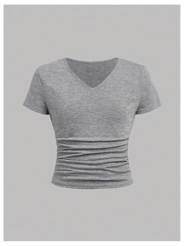 Soly Hux Girl'S 3 Piece Summer Ruched Short Sleeve V Neck Tee T Shirts Basic Fitted Tops Cute Clothes Black Grey White 10Y thumb #2