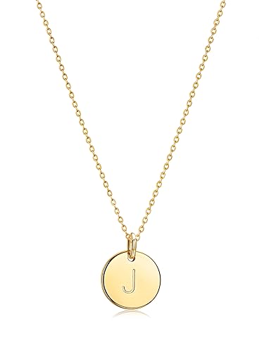 Image of Bemoly Initial Necklace for Women Round 11MM Coin Disc Double Side Engraved Letter A-Z Hammered Pendant 14K Gold Plated Personalized Alphabet Birthday Jewelry 17.5"