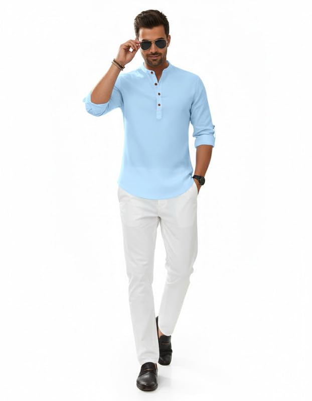Image of Macsivo Men's Cotton Blend Solid Short Kurta with Regular Lenth Mandarin Neck Full Sleeves and roll-up tab| Kurta Style Shirt for Men
