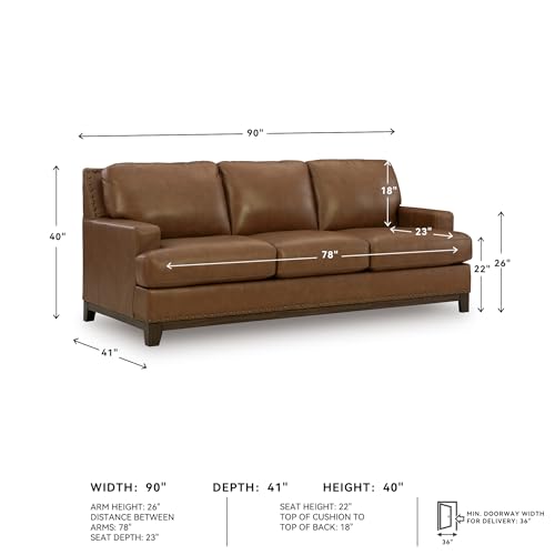 Image of Signature Design by Ashley Leather Couch, 90 in, Amber Brown, Brendola | Premium top grain leather, Matching faux exterior, Anti-sag platform foundation, Nailhead trim, No assembly required