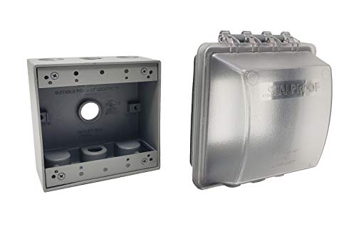 Sealproof 2-Gang Weatherproof Exterior in Use Outlet Cover and Box Kit - Double Gang Metallic Electrical Outlet Box with Three 1/2-Inch Holes and UL Extra Duty, Lockable, in Use Outdoor Outlet Cover
