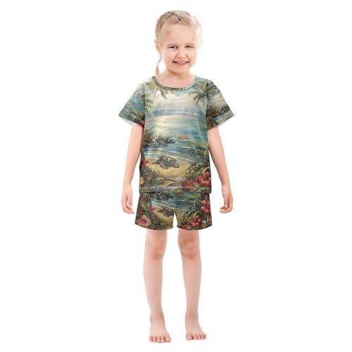 ALAZA Hawaian Palm Trees Flowers Turtles Pajama Set Short Sleeve Sleepwear Soft Lounge Nightwear3