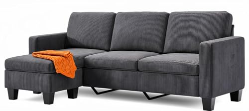 Xbro Ecksofa L-Form 3-Sitzer mit beweglichem Fußhocker, kleines Ecksofa aus weichem Cordstoff...