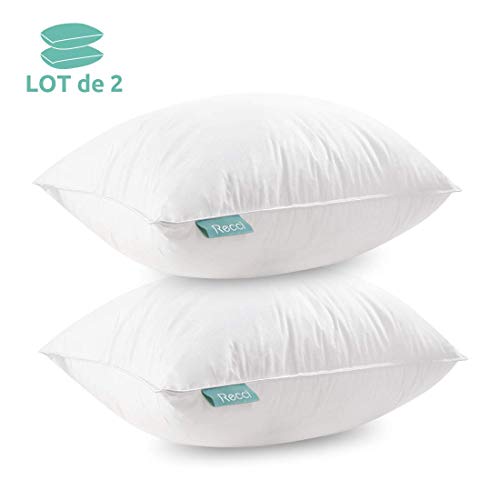 RECCI Oreillers 60 x 60 Lot de 2, Hauteur réglable avec Poids de Remplissage env. 1350g, Oreiller Moelleux, Oreiller en Duvet, Oreiller Solide de Haute qualité, Oreiller Ersaz à Rebond Lent