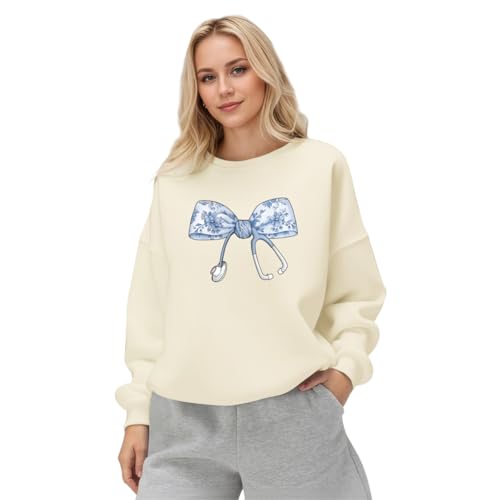 Migxsaf Nurse Sweatshirts for Women Bow Stethoscope Sweatshirt Floral Flower Long Sleeve Shirts Graphic Crewneck Pullover(Apricot L)
