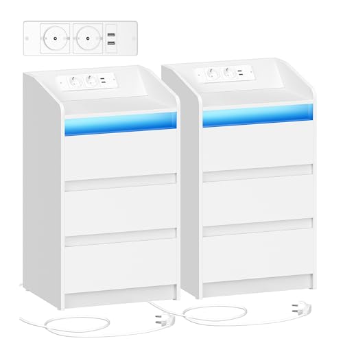 Hzuaneri Table de Chevet Lot de 2 avec 3 Tiroirs, Table d'Appoint avec Station de Charge et LED, 2...