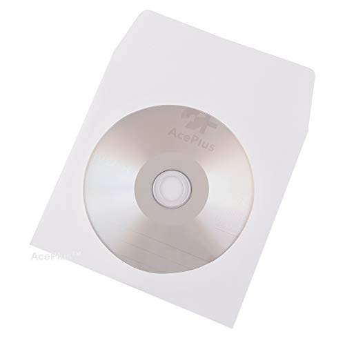 AcePlus 1,000 Premium White Paper Sleeves 100g Weight for CD / DVDs - Envelopes with Clear Window and Flap with Close Tab (1 Box of 10 packs x 100 Sleeves) - Thumbnail 4