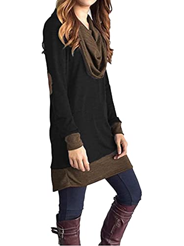 Image of Famulily Women's Cowl Neck Tops Two Tone Color Block Pullovers Elbow Patchs Loose Long Tunic Blouse