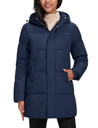 YUCOLEN Women's Down Jacket with Hood Parka Winter Coats Puffer Warm Jackets Waterproof Long Fashion Outwear Navy S