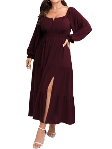 SCOMCHIC Womens Plus Size Formal Dress Fall Long Sleeve Square Neck Flowy A Line Tiered Side Split Wedding Guest Maxi Dress Burgundy