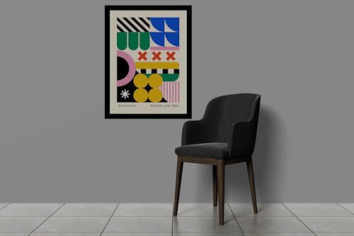 Image of BLINKART Vintage Bauhaus Retro Geometric Aesthetic Poster Gallery | Colorful Wrap Framed For Home Office Studio Living Room Modern Art Studio Decoration Abstract Shapes | (d161) | 13x10 Inch