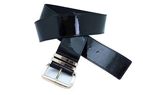 Women Fashion Belt Wide Waist Hip Faux Patent Leather Band Gold Metal Bling buckle Size M L XL (Black)4
