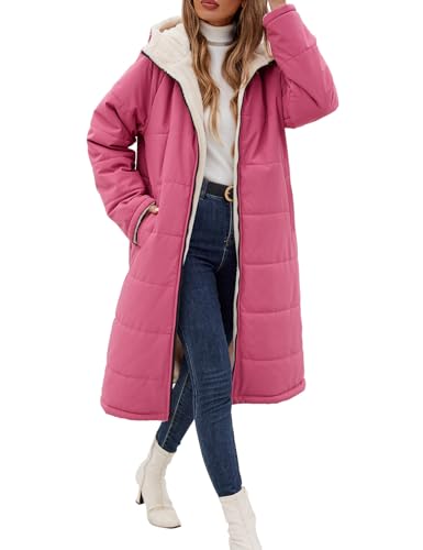 Wiepux Women's Long Winter Coat Warm Waterproof Puffer Jacket Snow Quilted Bubble Parka with Hood,Rose Red,M