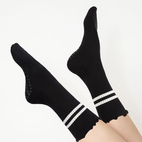 Image of 3 Pairs Yoga Socks with Grips, Non Slip Ruffle Pilates Socks Frilly Crew Socks for Barre Barefoot Workout Hospita
